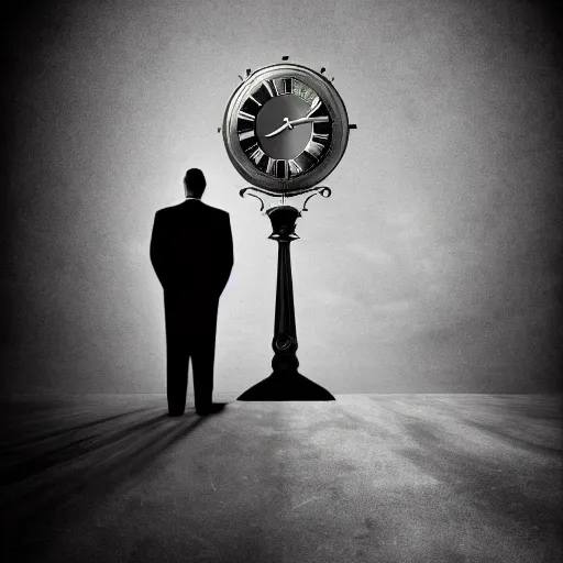 Image similar to Tommy Ingberg One man standing next to a much larger clock ultra detailed hd