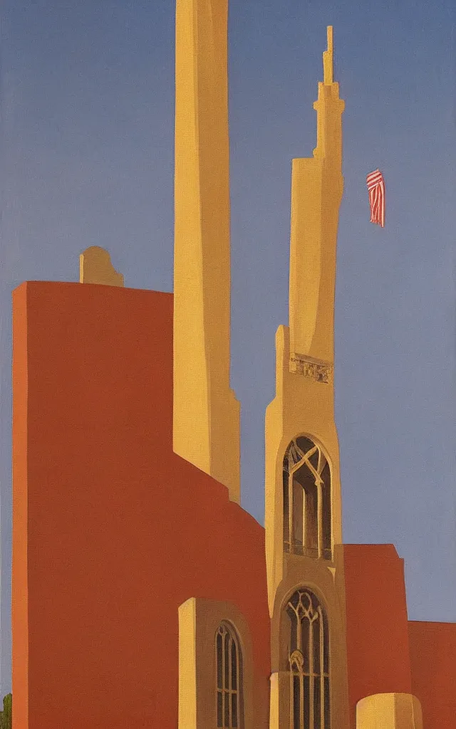 Image similar to a painting of Coughlin Campanile in Brookings South Dakota, golden hour, an art deco painting by Grant Wood, featured on behance, american scene painting, movie poster, poster art, concert poster