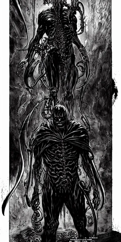 Image similar to A full body portrait of a new antihero character art by Marc Silvestri, Cedric Peyravernay and H.R. Giger, cosmic horror, ominous, mysterious