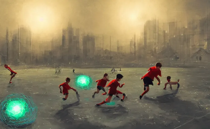 Image similar to young boys playing football and a spiral - shaped white luminous attractor is floating on the horizon in soviet city, concept art, art for the game, professional lighting, art by jehronym bosch