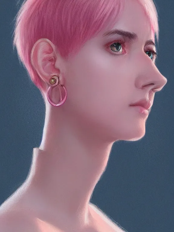 Image similar to beautiful russian girl with short pink hair and nose piercing, pink eye liner, thin round earrings, winds of winter, au naturel, hyper detailed, digital art, trending in artstation, cinematic lighting, studio quality, smooth render, octane rendered, concept art, sharp focus, illustration, art by artgerm and greg rutkowski and wlop