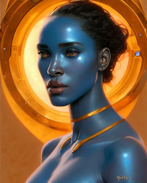 Image similar to Portrait of very very very very very very beautiful somali woman, spacesuit, blue eyes, real life skin, intricate, elegant, highly detailed, artstation, concept art, smooth, sharp focus, art by artgerm and greg rutkowski and alphonse mucha