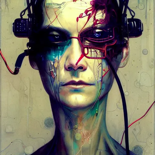 Image similar to shannyn sossamon as a cyberpunk hacker, wires cybernetic implants, in the style of adrian ghenie, esao andrews, jenny saville, surrealism, dark art by james jean, takato yamamoto