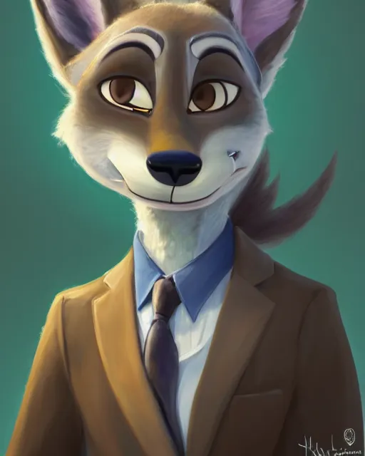 Image similar to oil painting of anthromorphic female wolf, in style of zootopia, zootopia, zootopia, fursona, furry, furaffinity, 4 k, deviantart, furry art, fursona art, wearing black business suit, business suit, in style of zootopia, wolf fursona, cyberpunk, female, expressive detailed feminine face,
