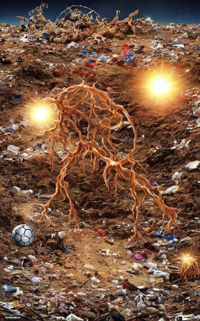 Prompt: scientific hallucigenia surrounded by trash meanwhile a Cristiano Ronaldo is tackling the nike ball in front of the light flare, night desert earth crust, iron spike, trail cam, realistic photography paleoart, masterpiece album cover