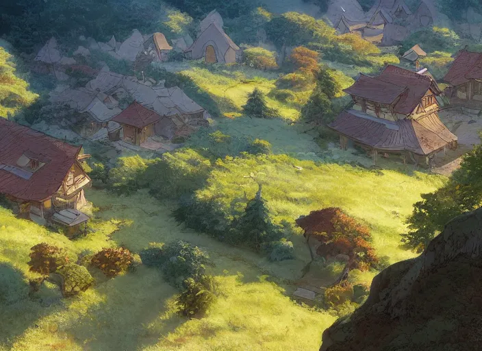 Prompt: concept art painting of a small woodland village in a valley seen from above, european japanese buildings, early morning, cel shaded, detailed, realistic, by makoto shinkai and moebius and greg rutkowski and james gurney