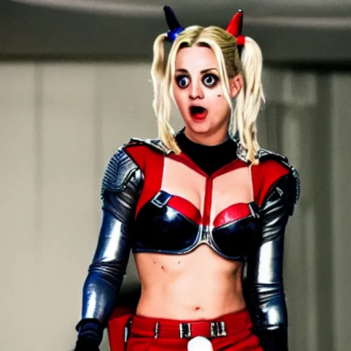 Image similar to A still of Kaley Cuoco as Harley Quinn