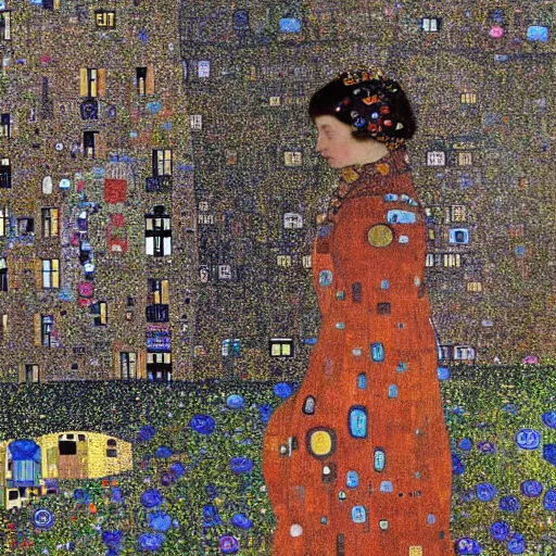Prompt: woman looking out of a porthole window in a gigantic detailed ufo flying over a town painting by gustav klimt