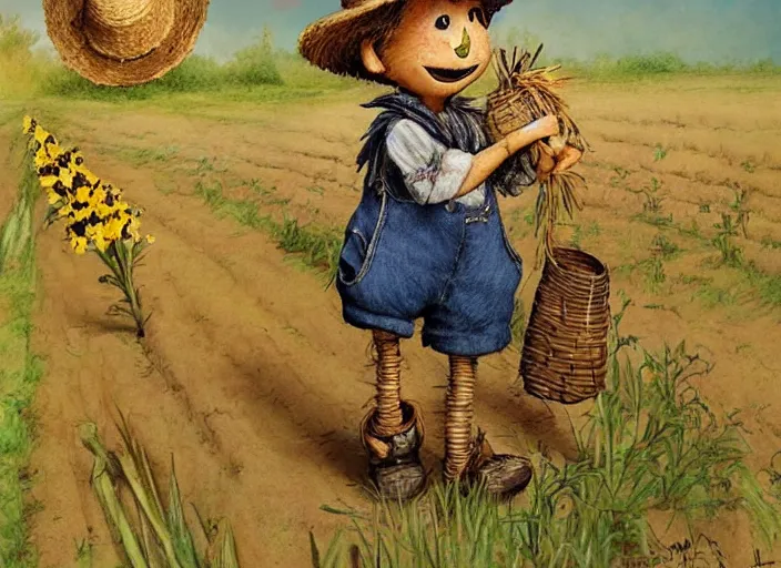 Image similar to a cute short scarecrow with a straw hat in overalls walking on a dirt road next to a large corn field, children's book by tom lovell, ross tran, terry redlin, jean baptiste monge, beatrix potter