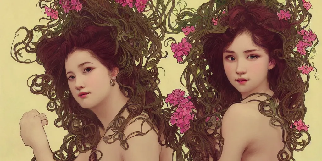 Image similar to a portrait of a very seductive young woman, hair full of gigantic flowers and tentacles, photoillustration, realistic, closeup, facing the camera, dramatic lighting, in the style of WLOP and Alphonse Mucha and Kim Deuk-sin