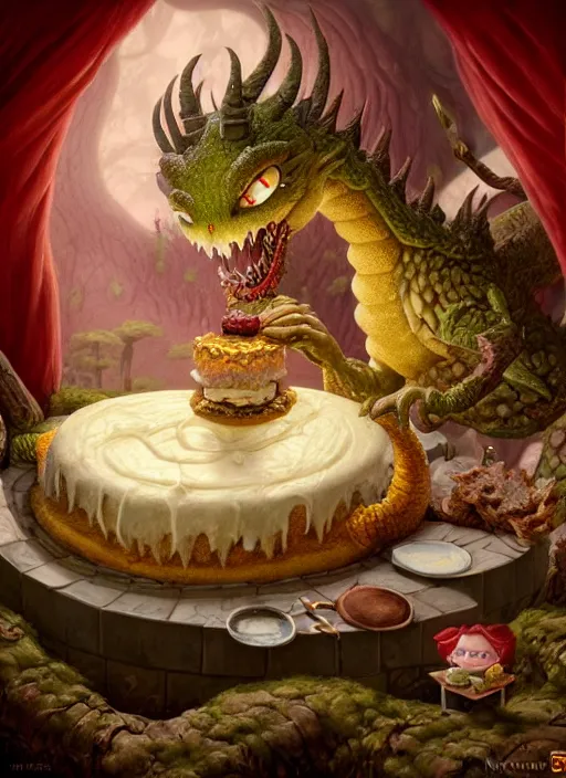 Image similar to highly detailed closeup portrait of a fairytale dragon eating cakes, unreal engine, nicoletta ceccoli, mark ryden, earl norem, lostfish, hyung tae, frank frazetta, global illumination, detailed and intricate environment