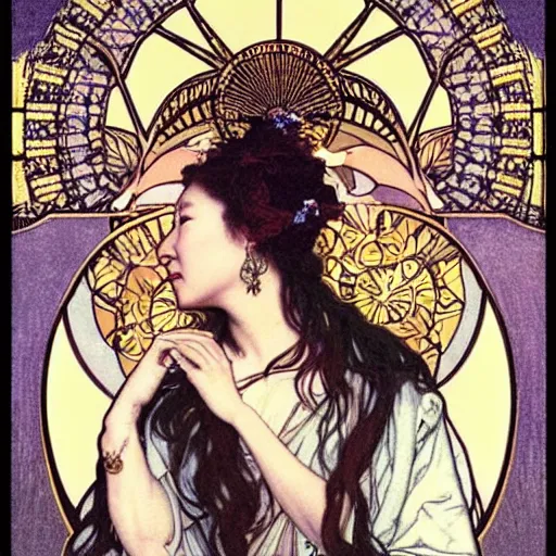 Image similar to sandra oh portrait by louis - theophile hingre and alphonse mucha, realistic, sharp focus, zodiac signs, tarot cards, planets, ethereal, art nouveau, magic, moon, sun, crown, dreamy, royal, jewellery