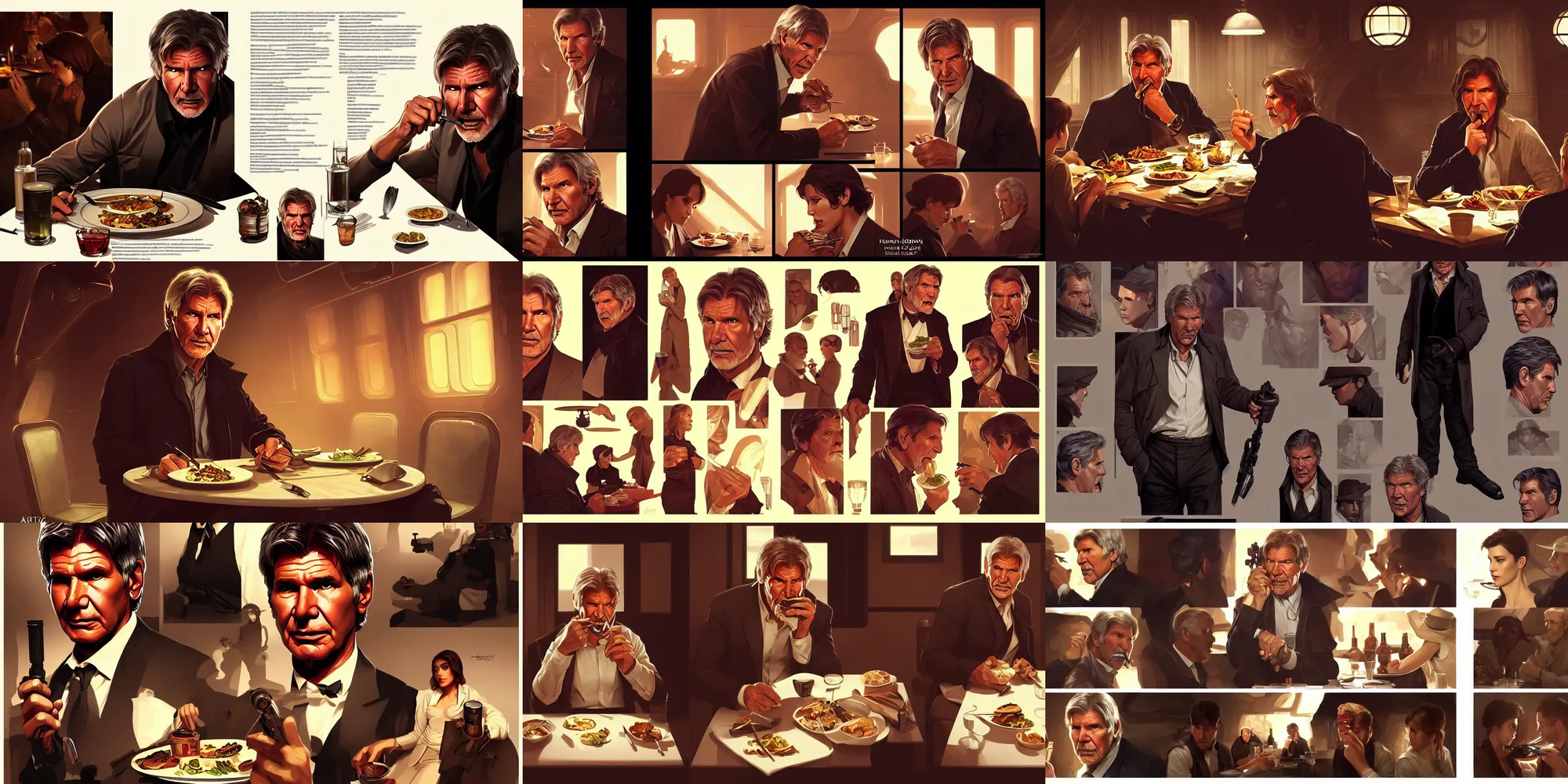 Prompt: harrison ford eating dinner, character sheet, character design, contrast, deep focus, turnaround, highly detailed, dramatic lighting, digital painting, artstation, concept art, matte, sharp focus, illustration, elegant, art by artgerm and greg f and alphonse mucha.