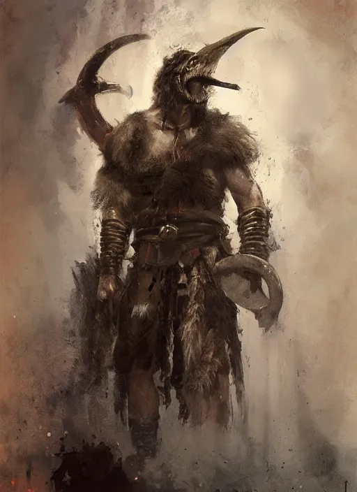 Image similar to portrait painting of viking berserker with a dinosaur skull headdress, by jeremy mann, only one head single portrait