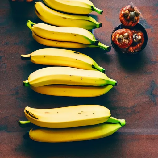 Prompt: a bunch of bananas sitting on top of a table