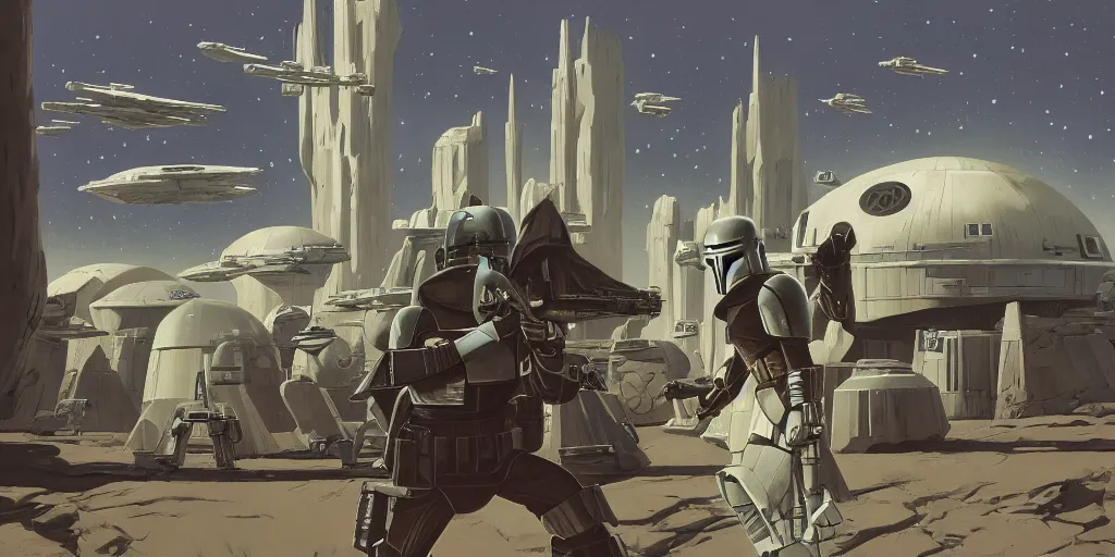 Image similar to star wars mandalorian environment by aaron horkry and ralph mcquarrie