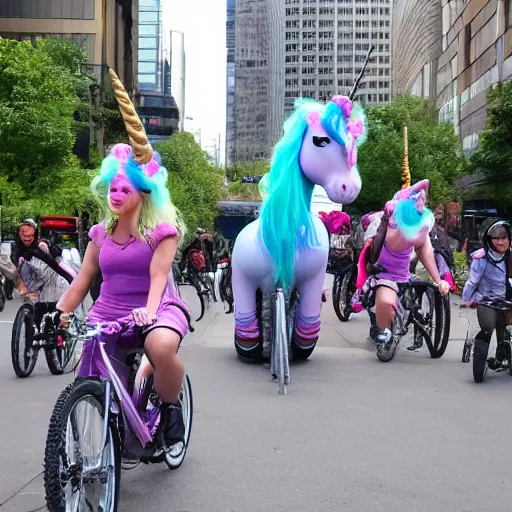 Image similar to unicorn riding on bikes in the city