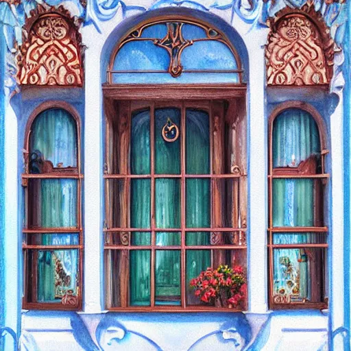 Prompt: digital illustration of a beautiful window open front view, complete window!, realistic, aesthetic, vintage frame window, ornate, russian style, colorful architectural drawing, a watercolor and matte painting by mark keathley and mandy jurgens and charlie bowater, cgsociety, artdeco, utopia art, bold colors, sci - fi, artstation hq