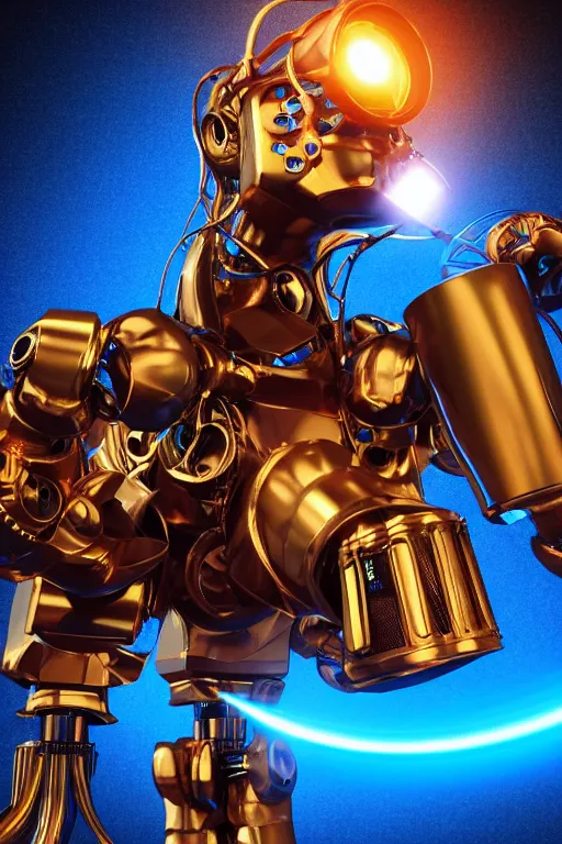 Image similar to portrait photo of a giant huge golden and blue metal humanoid steampunk robot singer wearing headphones and gears and tubes, a big red glowing microphone on a tripod, eyes are glowing red lightbulbs, shiny crisp finish, 3 d render, 8 k, insaneley detailed, fluorescent colors, background is multicolored lasershow