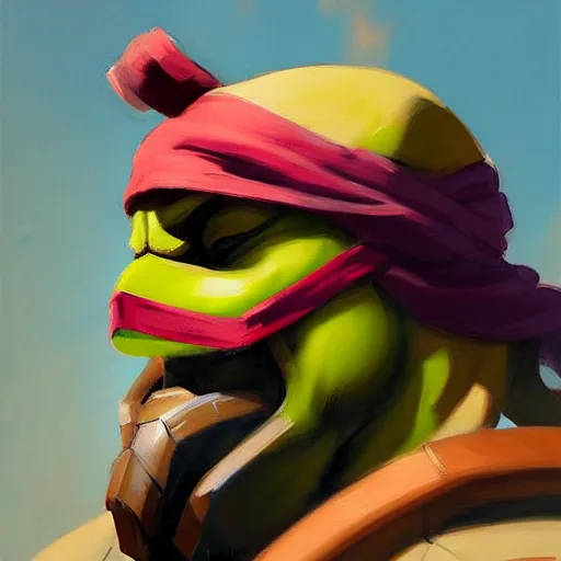 Image similar to Greg Manchess portrait painting of Michelangelo of TMNT as Overwatch character, medium shot, asymmetrical, profile picture, Organic Painting, sunny day, Matte Painting, bold shapes, hard edges, street art, trending on artstation, by Huang Guangjian and Gil Elvgren and Sachin Teng