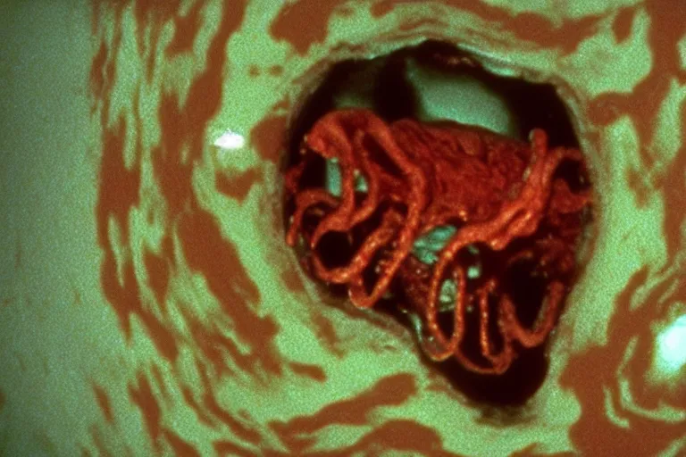 Prompt: scary filmic closeup color ground level angle movie still 35mm film color photograph of a shape shifting abstract alien organism from The Thing 1982 spewing swirling slimey tendrils inside of a child's bedroom, in the style of a horror film