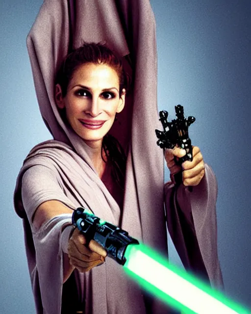 Image similar to julia roberts, dressed as jedi knight with a lightsaber, colorful, realistic, high resolution