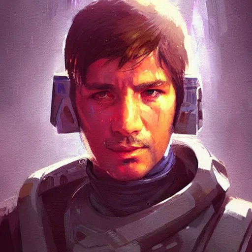 Image similar to star wars concept art by greg rutkowski, a soldier of the galactic dominion, wearing a purple tactical gear, highly detailed portrait, digital painting, artstation, concept art, smooth, sharp foccus ilustration, artstation hq