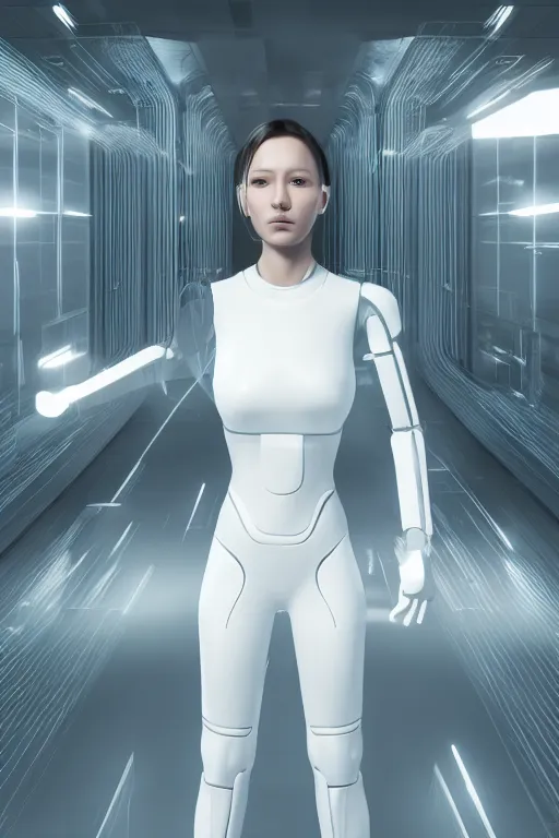 Prompt: a female android made out of translucent white glass with no eyes ears nose or mouth standing in front of a futuristic computer, photorealistic digital art, unreal engine, volumetric lighting
