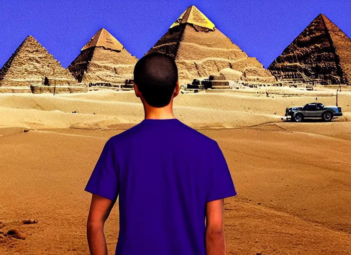 Image similar to landscape, steve jobs and a boy with purple hair in front of the pyramids, hyperrealism, intricate, 8 k, high detail
