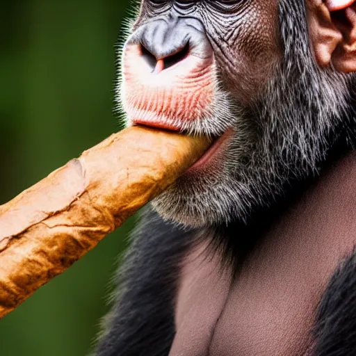 Image similar to a high detail closeup shot of a chimp wearing a suit and smoking a cigar