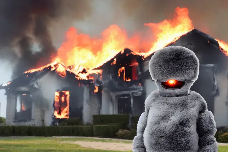 Image similar to <picture quality=4k-ultra-hd mode='attention grabbing'>Adorable fluffy robot looks into the camera sinisterly as a house burns behind it - inspired by Disaster Girl</picture>