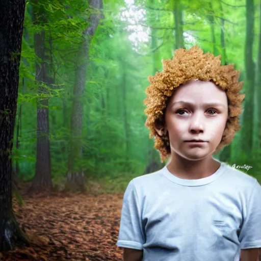 Image similar to A lost boy in the woods finds gingerbread crumbs, XF IQ4, 150MP, 50mm, f/1.4, ISO 200, 1/160s, natural light, Adobe Photoshop, Adobe Lightroom, DxO Photolab, Corel PaintShop Pro, rule of thirds, symmetrical balance, depth layering, polarizing filter, Sense of Depth, AI enhanced, sharpened, denoised, HDR, clean