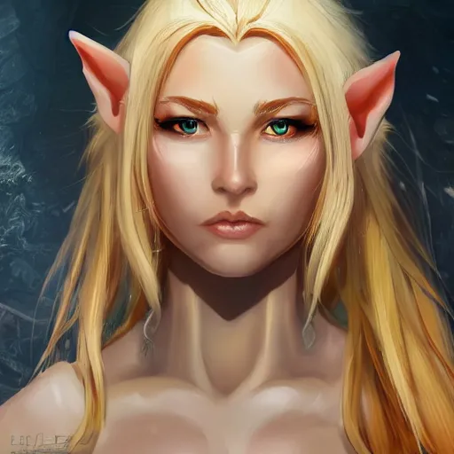 Image similar to high fantasy, portrait of blond elf woman, detailed face, detailed body, chef clothing, kitchen knife, ultradetailed digital illustration, epic atmosphere, artstation