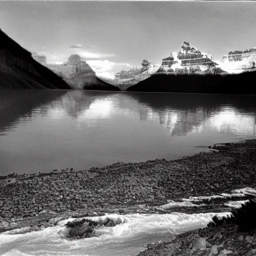 Image similar to still taken from 1945 film of Lake Louise in Banff National park, the water is orange