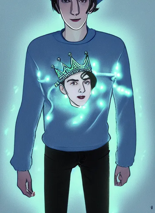 Image similar to portrait of teenage jughead jones wearing a light grey crown, crown, blue turtleneck, 1 9 5 0 s, closed eyes, photorealistic, black hair, glowing lighting, intricate, elegant, glowing lights, highly detailed, digital painting, artstation, concept art, smooth, sharp focus, illustration, art by wlop, mars ravelo and greg rutkowski