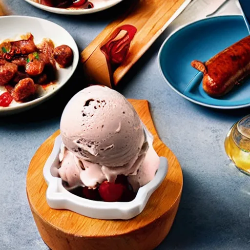 Prompt: sausage flavoured ice cream, culinary food magazine photo