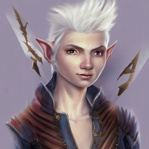 Image similar to Beautiful white haired aged fair skinned scholar elf with spell scroll and lightning background, full body, symmetrical, realism, digital painting, detailed artwork, portrait, mythical, artstation