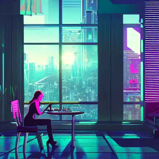 Image similar to synthwave cluttered living room wide shot cyberpunk high tech, cool girl sitting at table, through the window is a cityscape, dramatic lighting, music by vangelis