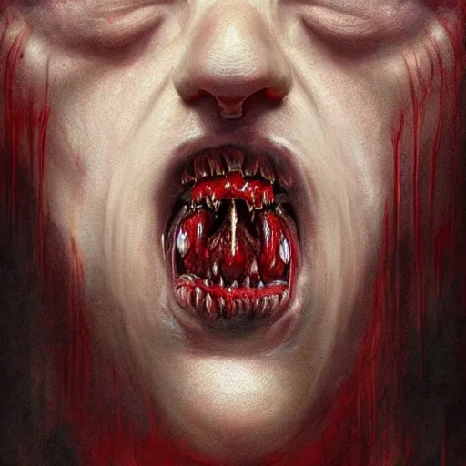 Image similar to Dark Fantasy Painting of a muscular red beast face with saliva and drool dripping from its mouth, creepy, unsettling, horror, upper body, intricate, wild, highly detailed, digital painting, artstation, concept art, smooth, sharp focus, illustration, art by artgerm and greg rutkowski and alphonse mucha