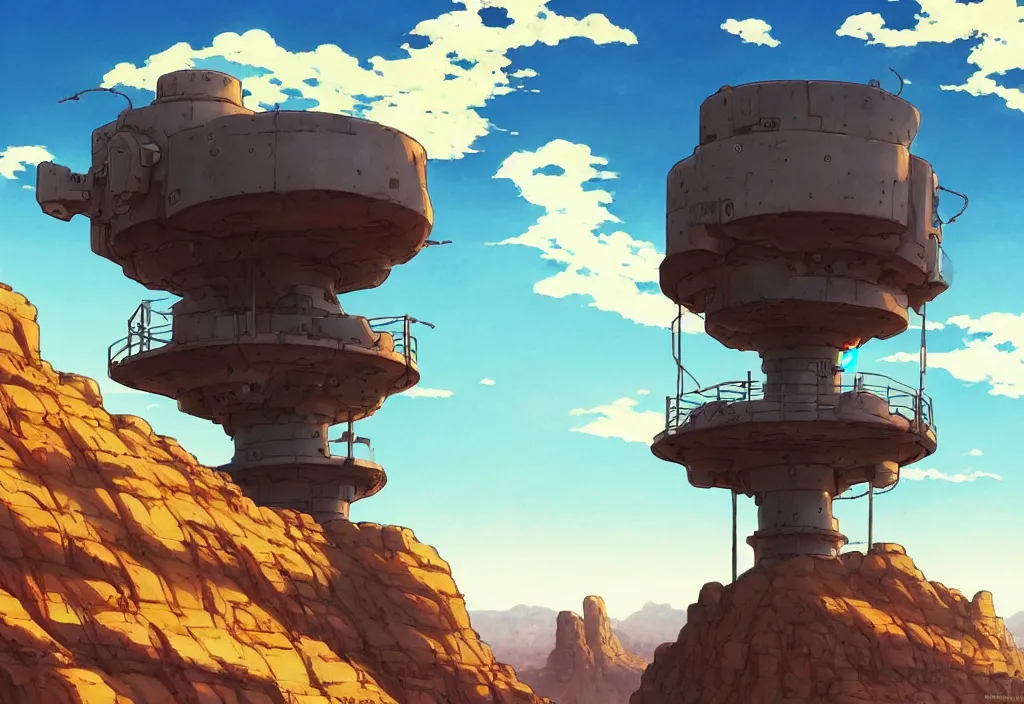 Image similar to sci - fi lookout tower in the desert, rocks, mountain, river, intricate oil painting, high detail illustration, sharp high detail, manga and anime 1 9 9 9, official fanart behance hd artstation by jesper ejsing and makoto shinkai, 4 k,