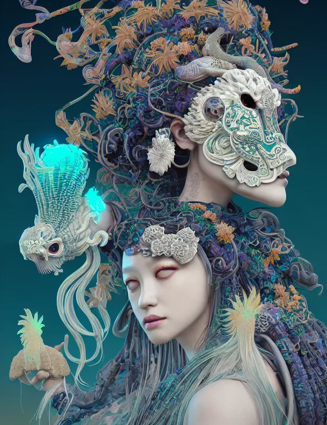 Image similar to 3 d goddess close - up profile solarpunk portrait ram skull. beautiful intricately detailed japanese crow kitsune mask and clasical japanese kimono. betta fish, jellyfish phoenix, bio luminescent, plasma, ice, water, wind, creature, artwork by tooth wu and wlop and beeple and greg rutkowski