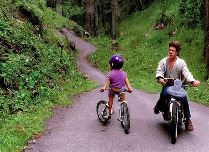 Image similar to film still of thanos riding a small childrens bike down a steep mountain road in the goonies 1 9 8 5