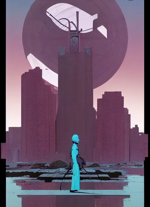 Image similar to poster artwork by Michael Whelan and Tomer Hanuka, of Delos Incorporated, clean