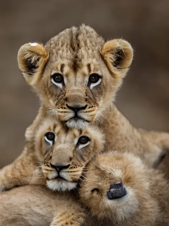 Prompt: 4K HD, high detail photograph, shot with Sigma f/ 4.2 , 250 mm sharp lens, shallow depth of field : (subject= baby lion and cute duck + subject detail= accurate body features, consistent, high detailed light refraction , high level texture render)