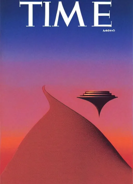 Prompt: TIME magazine cover, the coming AI singularity, by Moebius and Roger Dean and Tadao Ando