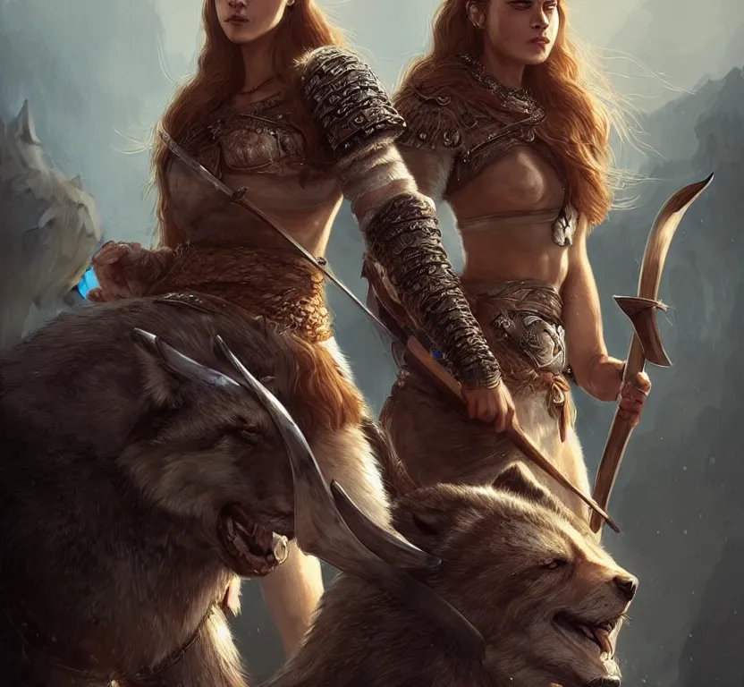 Image similar to a gorgeous!! woman resembling alicia vikander as a viking warrior accompanied by a dire wolf on the battlefield | drawn by wlop, drawn by jeehyung lee, drawn by argerm | intricate, highly detailed, ultra graphics, digital painting, artstation