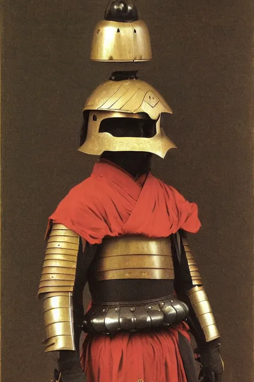 Image similar to a complete set of samurai armor and helmet, by bouguereau