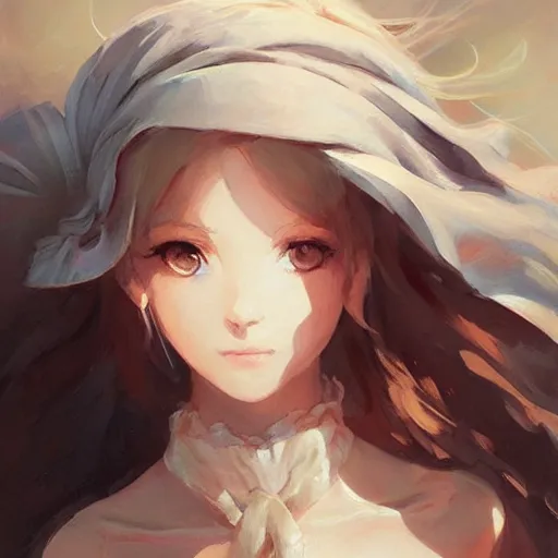 Prompt: painting by krenz cushart!!, portrait of a beautiful girl floating in the clouds, finely detailed features, backlit, rule of thirds, intricate brush strokes, beautiful lighting, trending on pixiv fanbox.