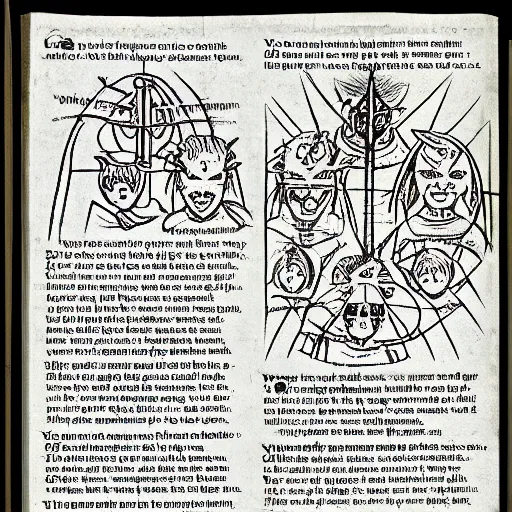 Image similar to page from an illustrated manual of demon summoning best practices, scholastic, colorful, diagrams, hi - res scan