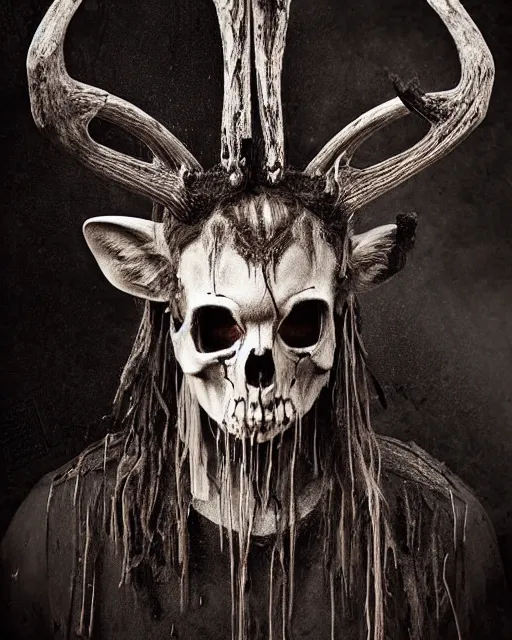 Prompt: deer - skull ghost - spirit of the grim - warpaint wears the scarlet skull armor and native blood headdress antlers, midnight fog - mist!, dark oil painting colors, realism, cinematic lighting, various refining methods, micro macro autofocus, ultra definition, award winning photo, photograph by ghostwave - gammell - giger - shadowlord